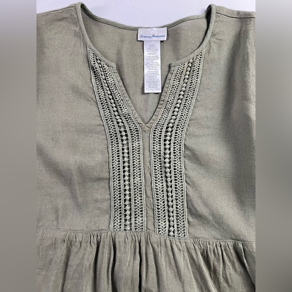 Tommy Bahama Olive Green Linen Viscose Eyelet Boho Peasant Dress - Picture 6 of 14